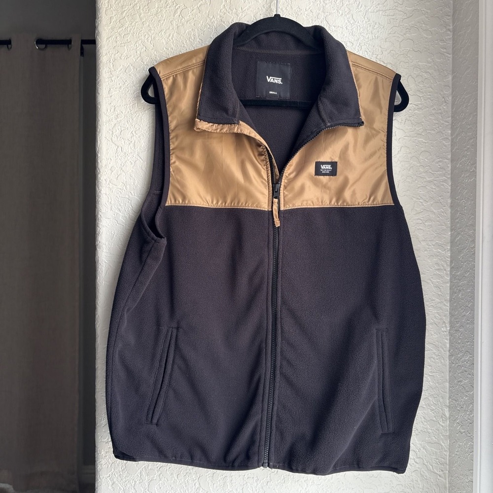 Vans Men S Fleece Colorblock‎ Vest Black Tan Skater Zip Sleeveless Gorpcore